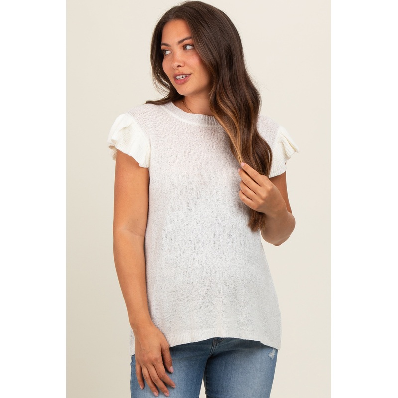 White Ruffle Short Sleeve Maternity Top