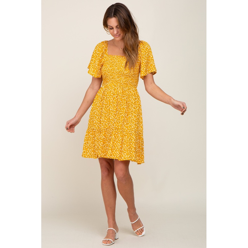 Yellow Floral Smocked Square Neck Ruffle Hem Dress