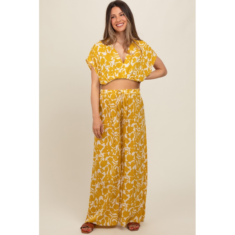 Yellow Printed Crop Shirt and Pants Maternity Set