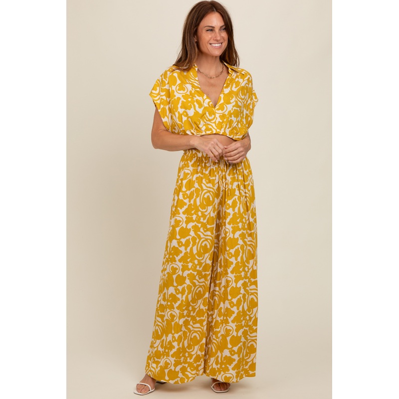 Yellow Printed Crop Shirt and Pants Set