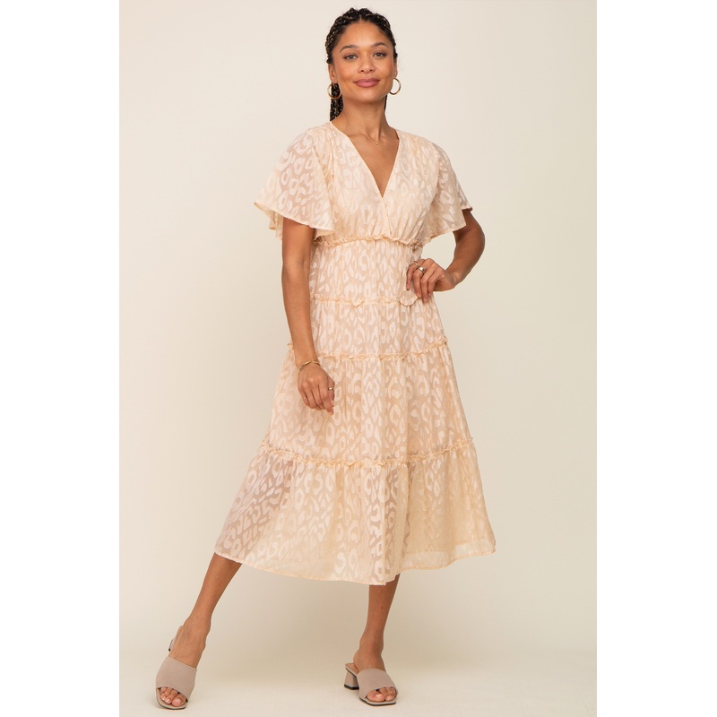 Beige Chiffon Animal Print Tiered Midi Dress