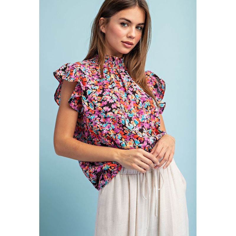 Black Floral Smocked Mock Neck Blouse