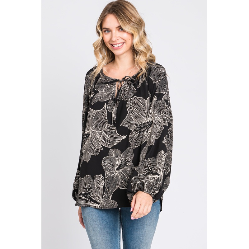 Black Floral Tie Detail Long Sleeve Blouse