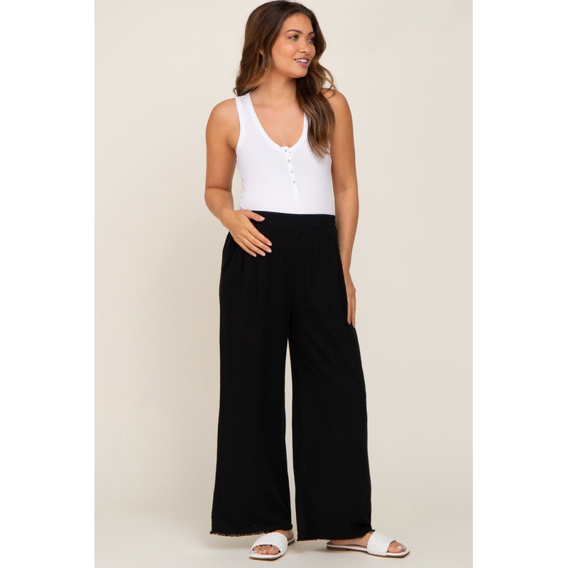 Black Fringe Hem Linen Maternity Pants