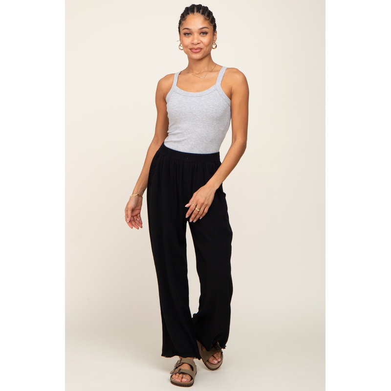 Black Fringe Hem Linen Pants