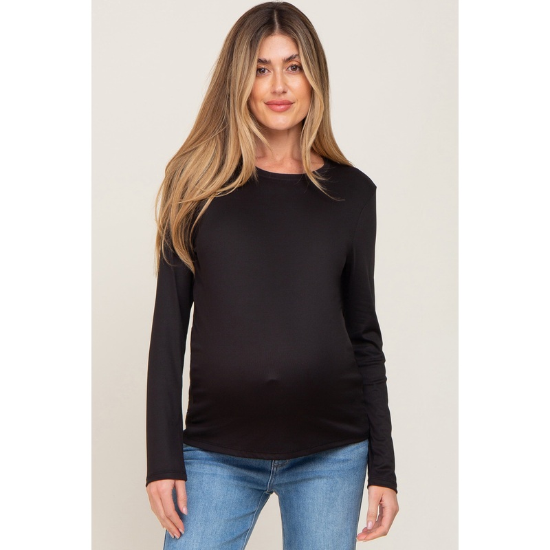 Black Ribbed Basic Long Sleeve Maternity Top