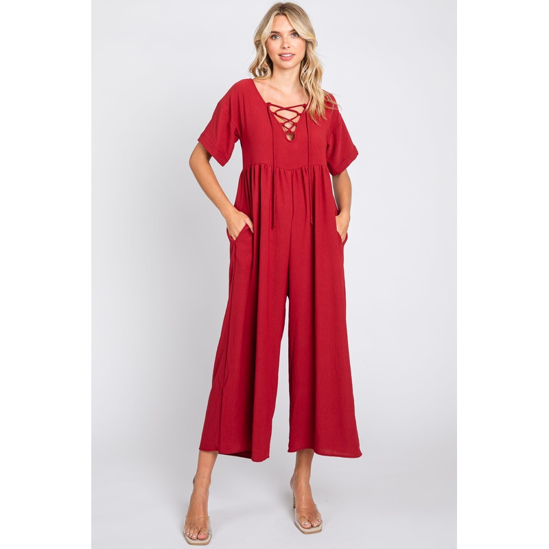 Burgundy Crisscross Wide Leg Jumpsuit