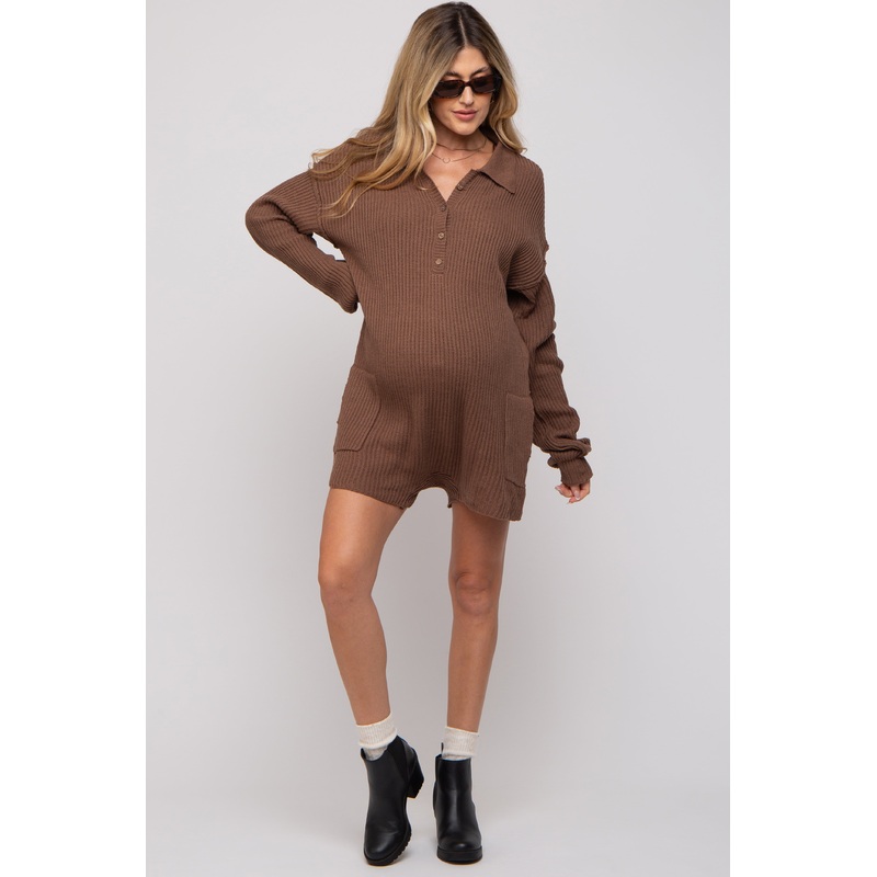Mocha Button Up Maternity Sweater Romper