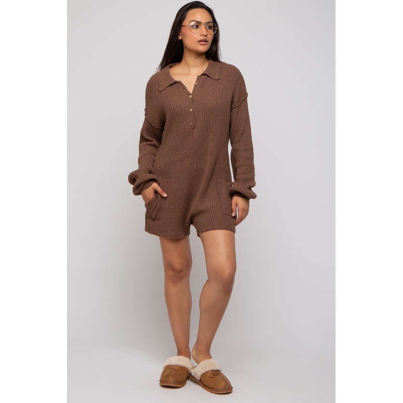 Mocha Button Up Sweater Romper