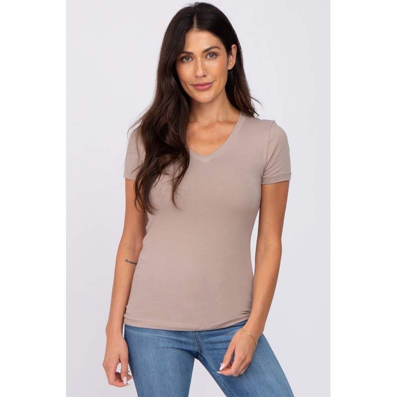 Taupe V-Neck Short Sleeve Top