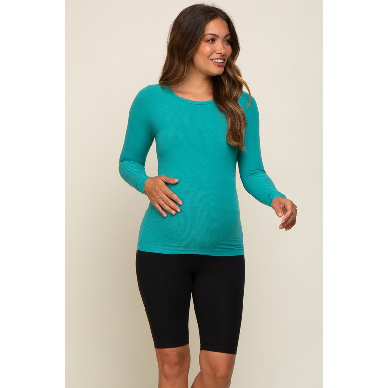Turquoise Ribbed Long Sleeve Maternity Top