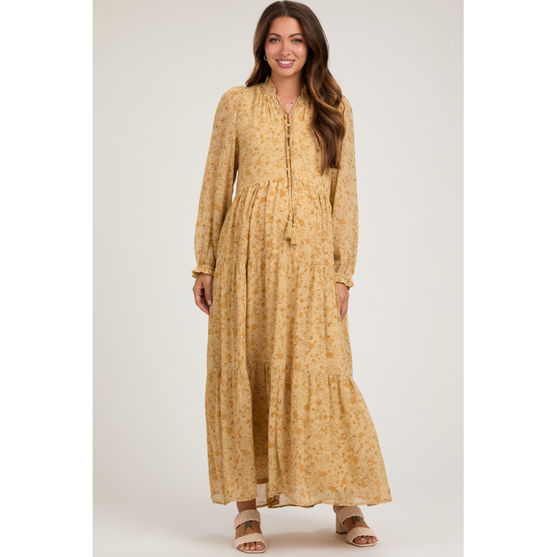 Yellow  Floral Chiffon Front Tie Tiered Maternity Maxi Dress