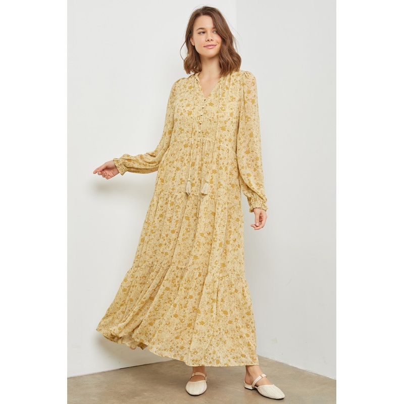 Yellow  Floral Chiffon Front Tie Tiered Maxi Dress