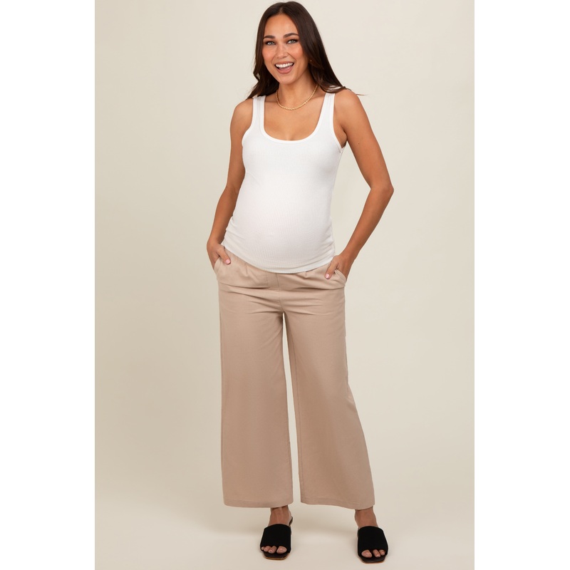 Beige Ankle Wide Leg Maternity Trousers