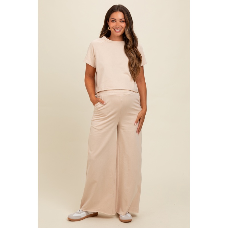 Beige Basic Tee And Wide Leg Pant Maternity Set