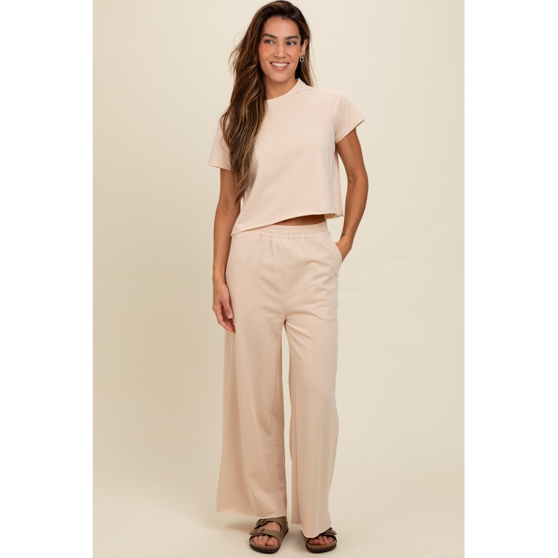 Beige Basic Tee And Wide Leg Pant Set