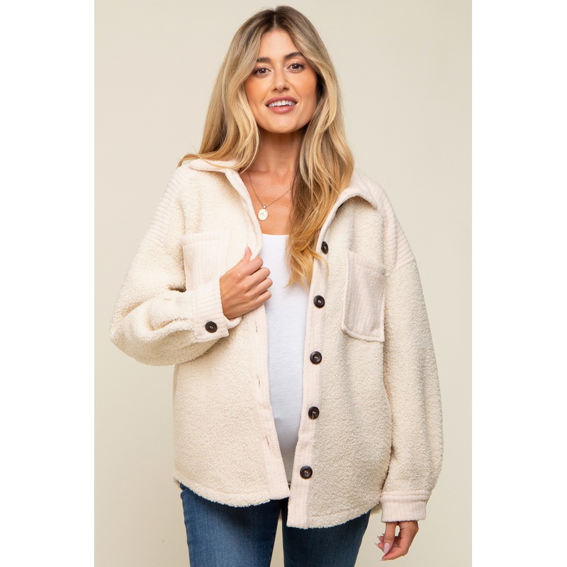 Beige Colorblock Fleece Maternity Shirt Jacket
