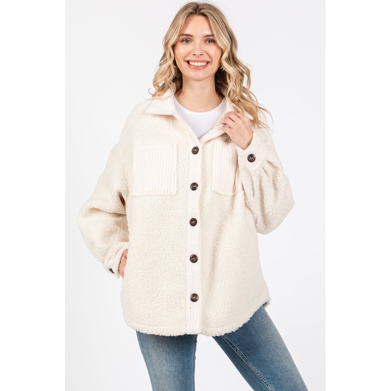 Beige Colorblock Fleece Shirt Jacket