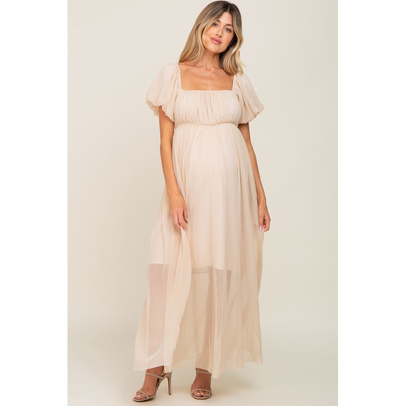 Beige Pleated Puff Sleeve Maternity Maxi Dress
