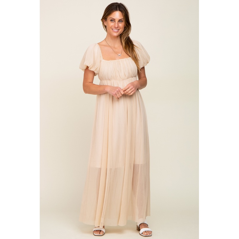 Beige Pleated Puff Sleeve Maxi Dress