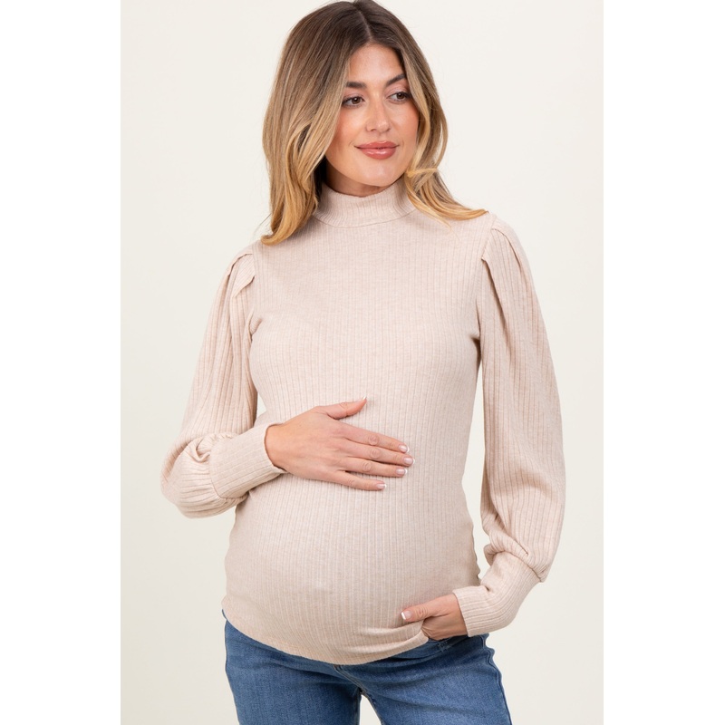 Beige Ribbed Mock Neck Bubble Sleeve Maternity Top