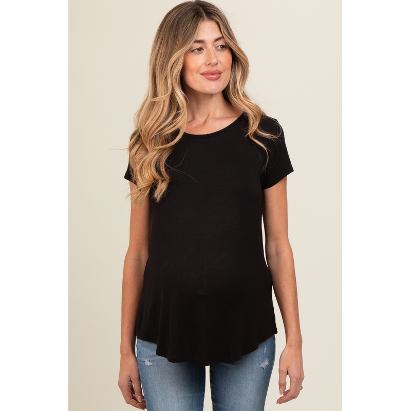 Black Basic Short Sleeve Maternity Top