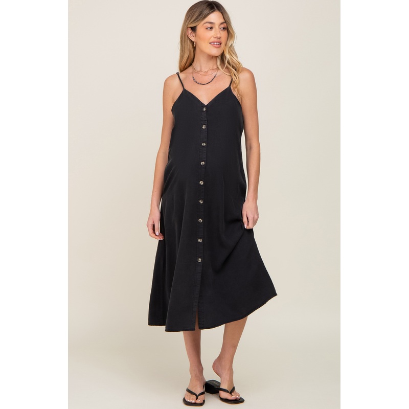 Black Button Down Maternity Midi Tank Dress