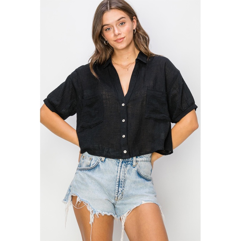 Black Cotton Gauze Crop Shirt