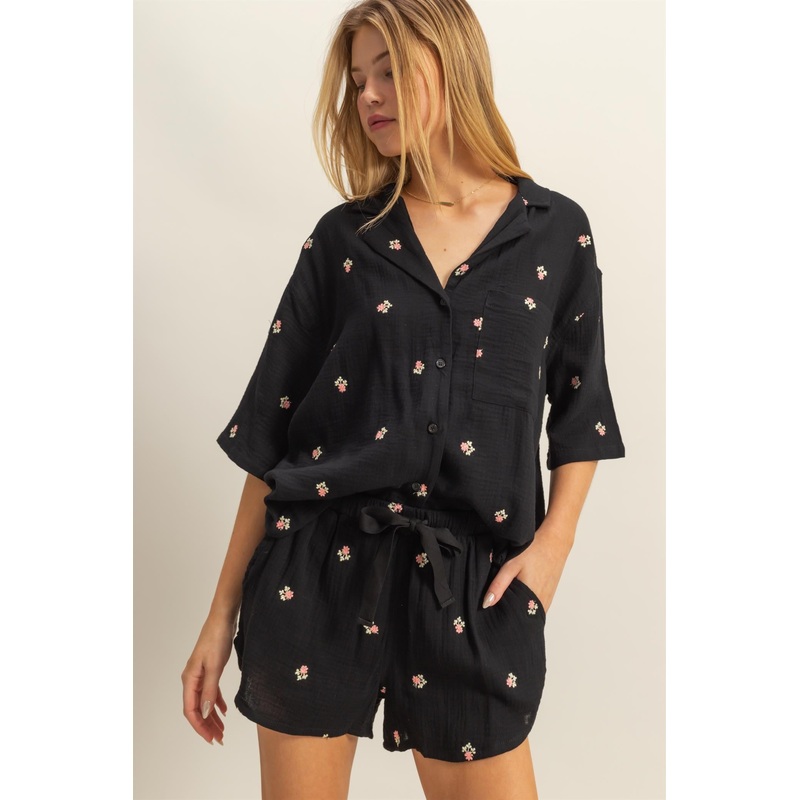 Black Floral Embroidered Top And Shorts Set