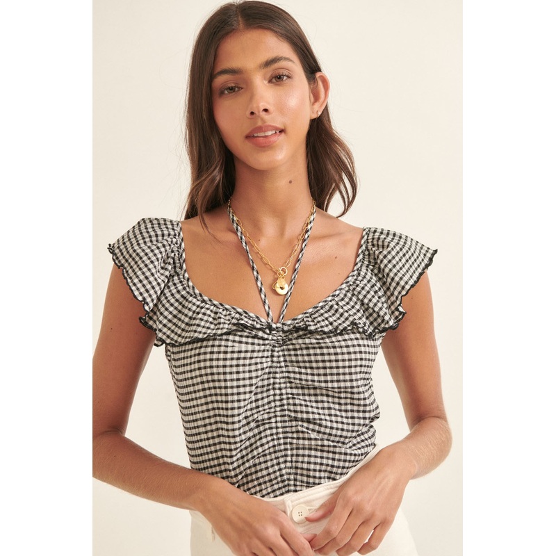 Black Plaid Boat Self-Tie Halter Gathered Bodysuit