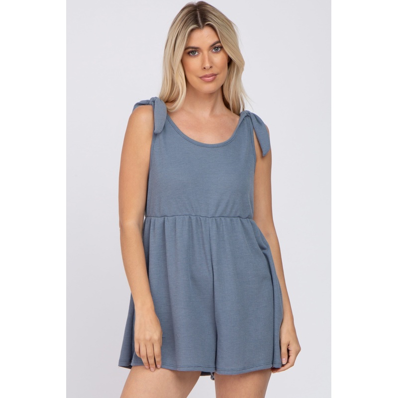 Blue Waffle Knit Shoulder Tie Romper