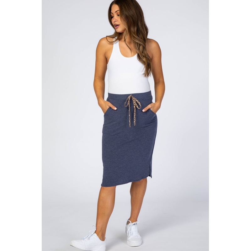 Navy Animal Print Drawstring Maternity Skirt