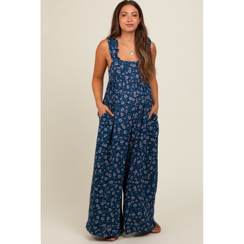 Navy Blue Back Cutout Wide Leg Maternity Jumpsuit