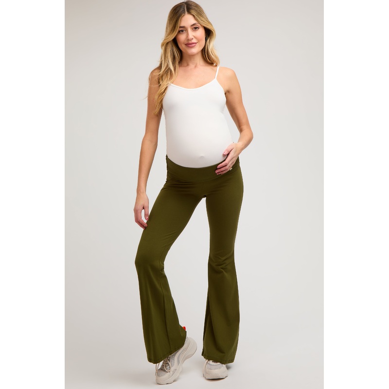Olive Fold-Over Waistband Flared Maternity Leggings