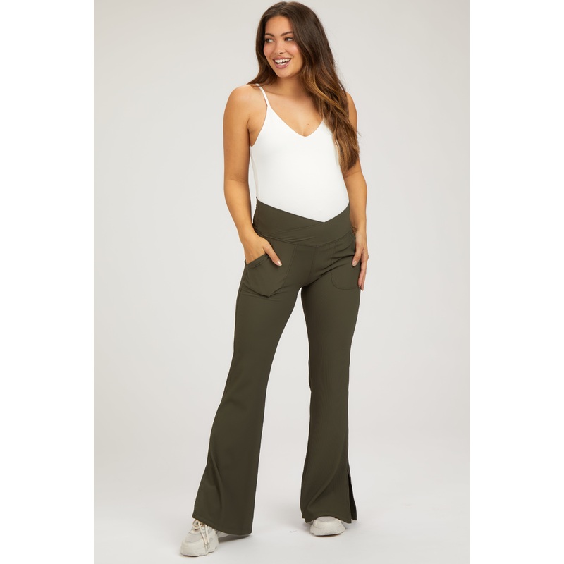 Olive V-Waist Ribbed Bootcut Maternity Leggings