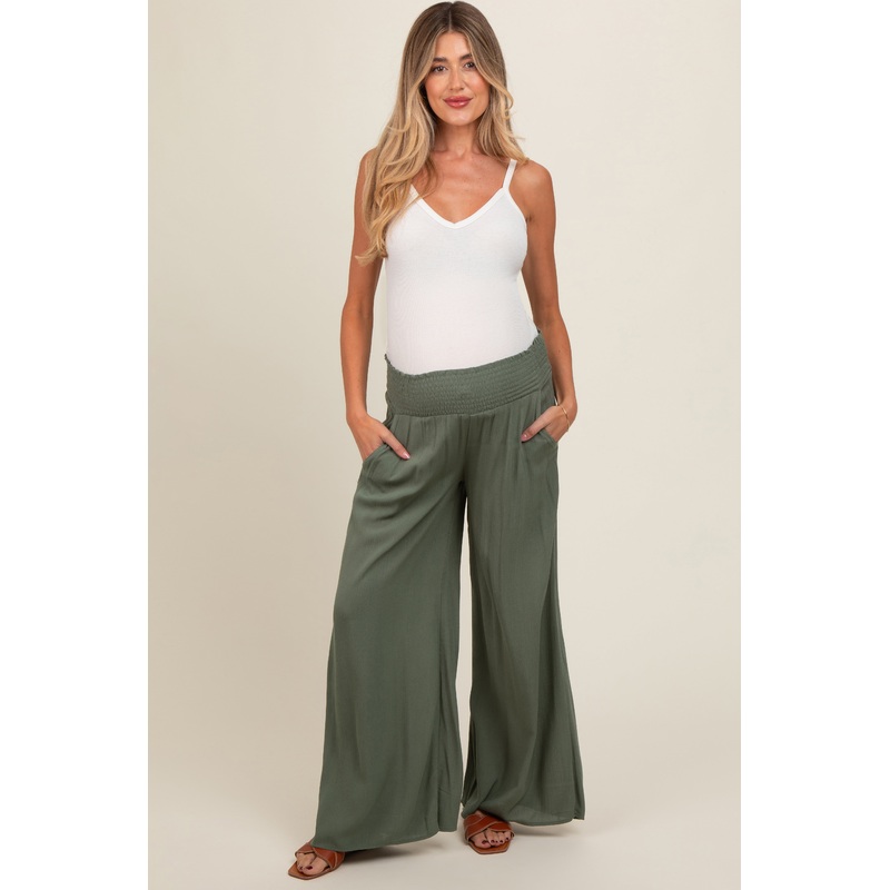 Olive Wide Smock Waist Maternity Pants