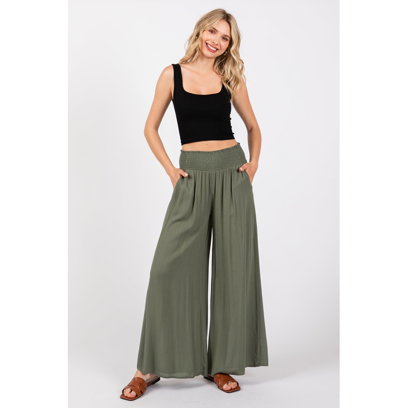 Olive Wide Smock Waist Pants