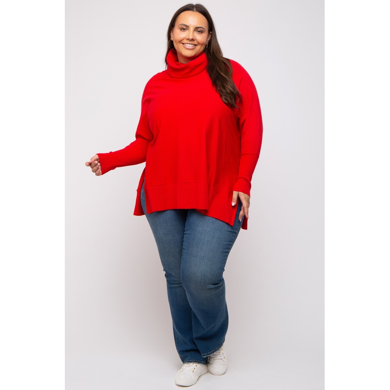 Red Cowl Neck Dolman Sleeve Plus Sweater