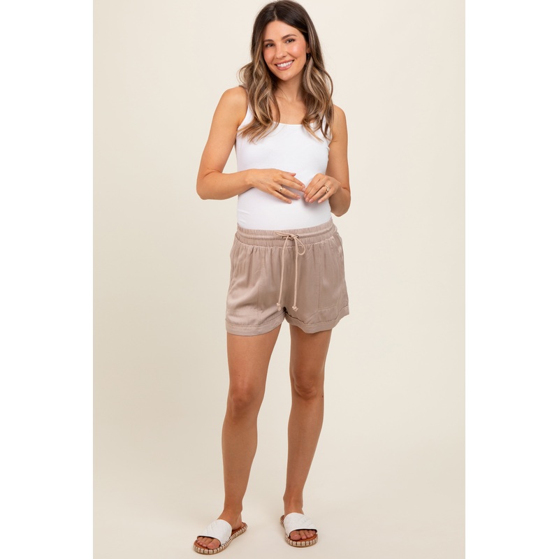 Taupe Drawstring Waist Tie Maternity Shorts