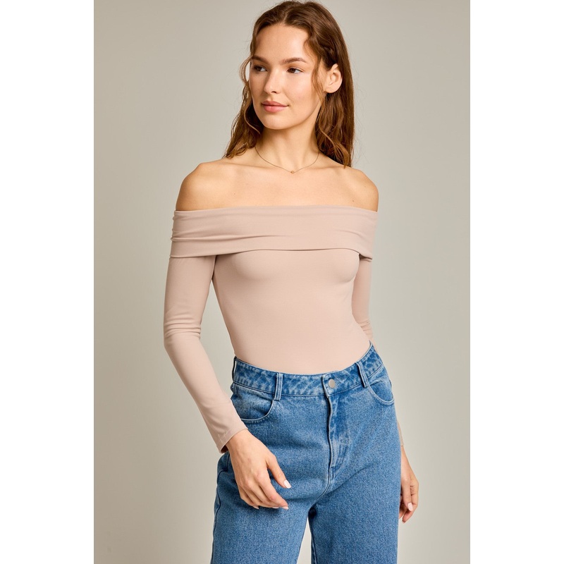 Taupe Off Shoulder Long Sleeve Bodysuit