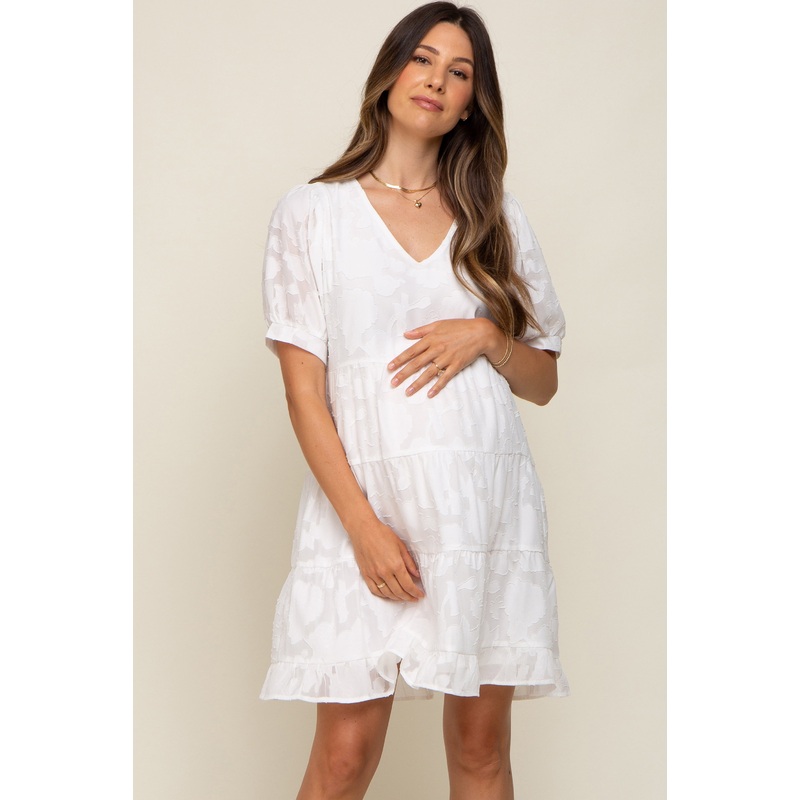 White Floral Jacquard Puff Sleeve Maternity Dress