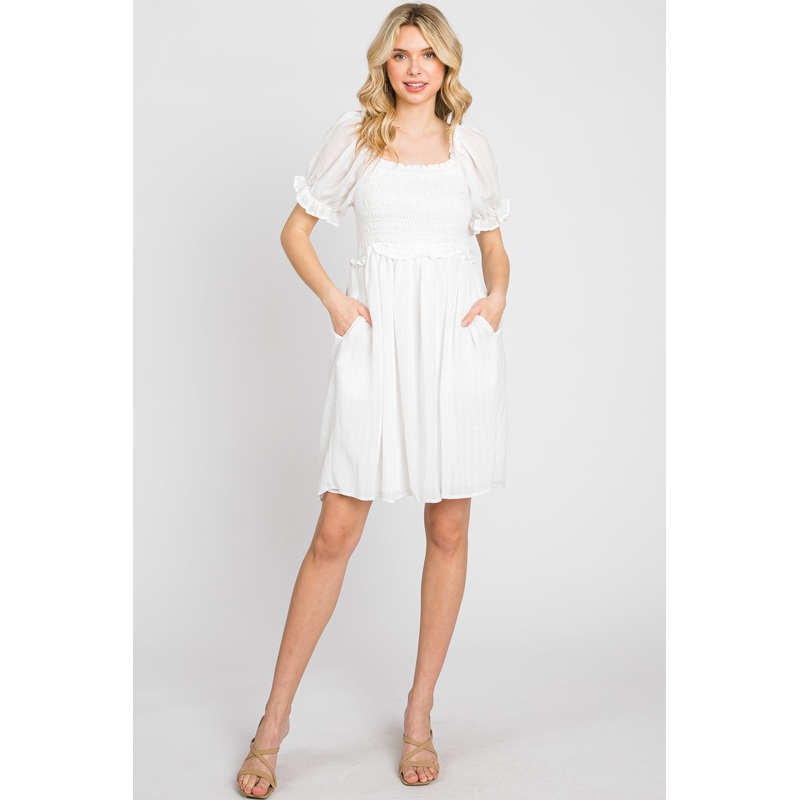 White Smocked Puff Sleeve Dress
