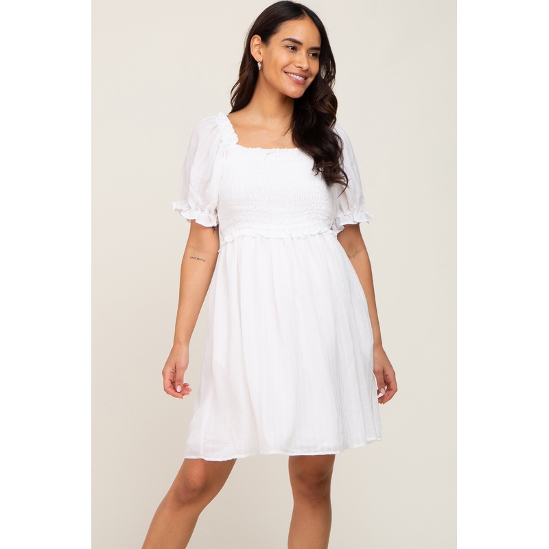 White Smocked Puff Sleeve Maternity Dress