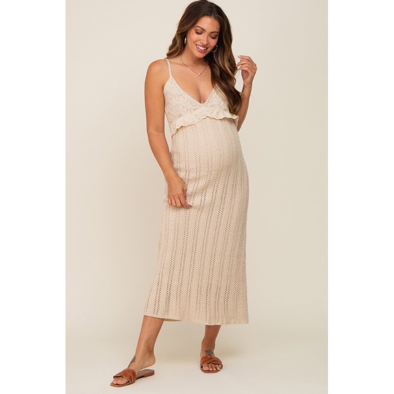 Beige Crochet Eyelet Trim Maternity Midi Dress