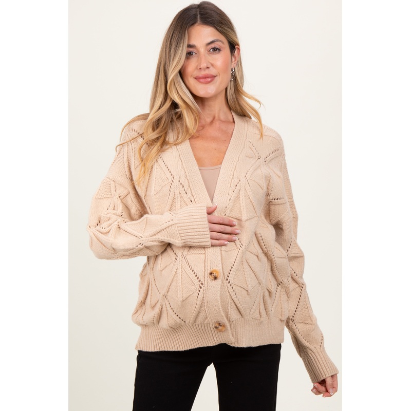 Beige Diamond Knit Button Up Maternity Sweater Cardigan