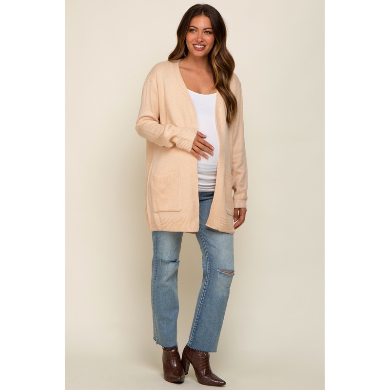 Beige Front Pocket Maternity Cardigan