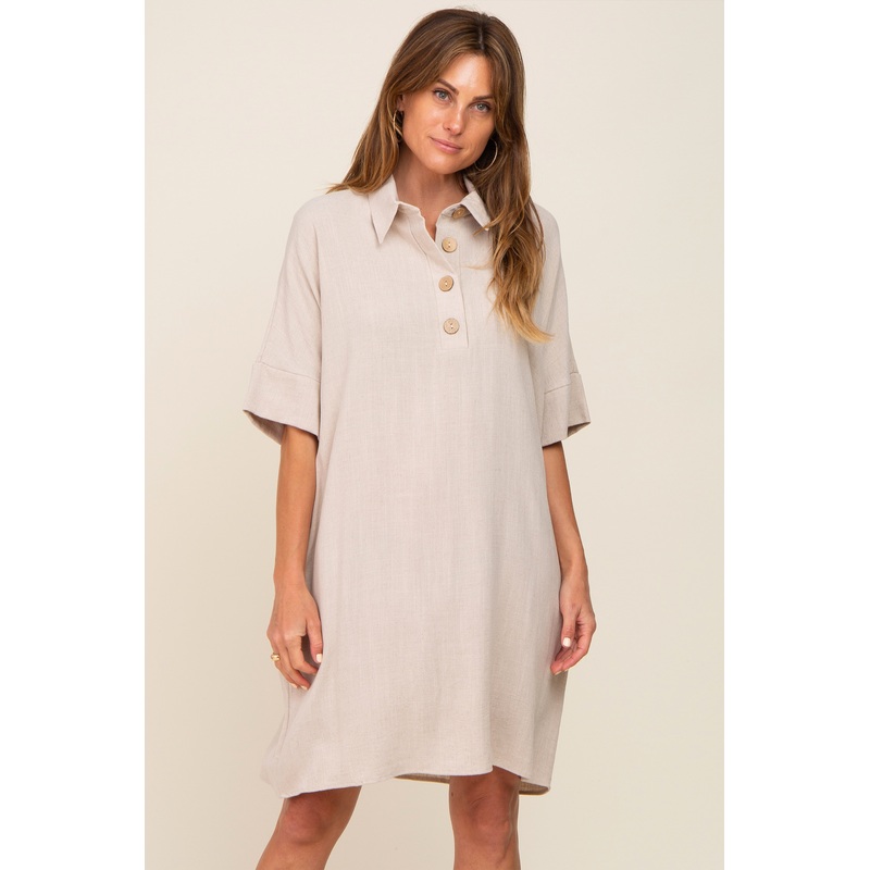 Beige Linen Front Button Collared Dress
