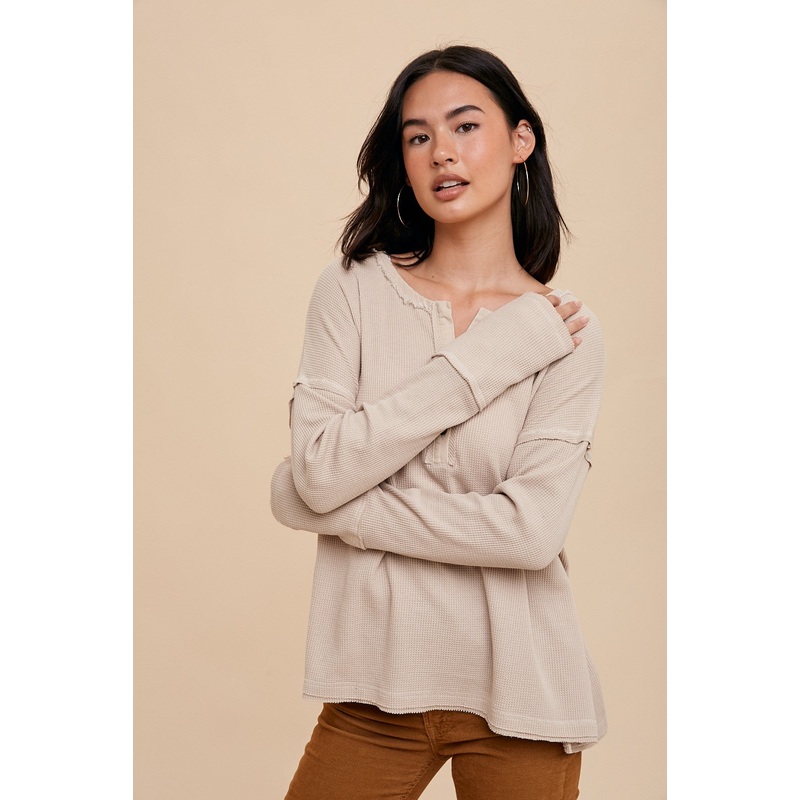 Beige Waffle Knit Henley Top