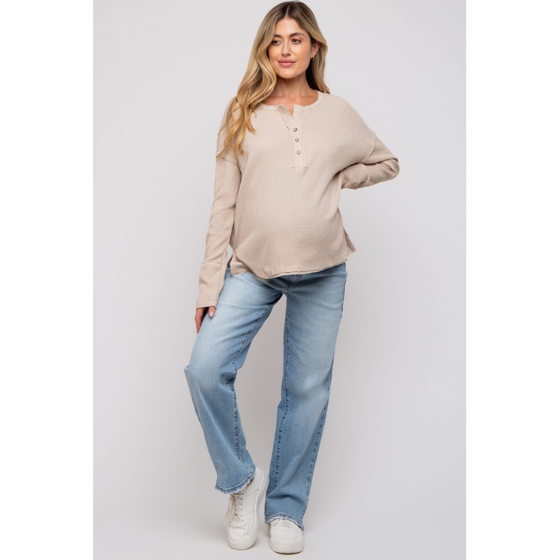 Beige Waffle Knit Maternity Henley Top