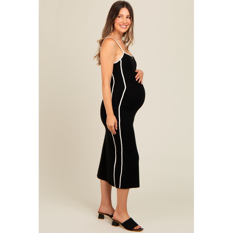 Black Contrast Border Knit Maternity Midi Dress